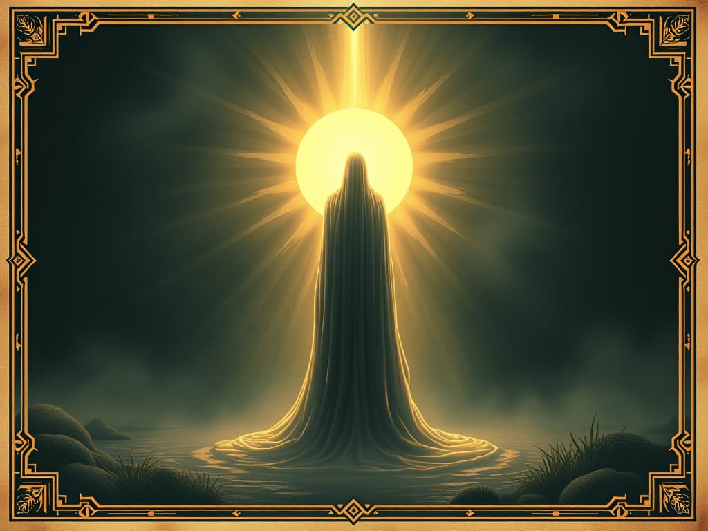  radiant light enveloping a figure, intense brightness, shadows receding, invincible aura. an illustration in the style of a worn, mystical old tarot trump card, mysterious and elements of surrealism. the colors are muted, somber and eerie, but with contrast bring out an occult and esoteric vibe.