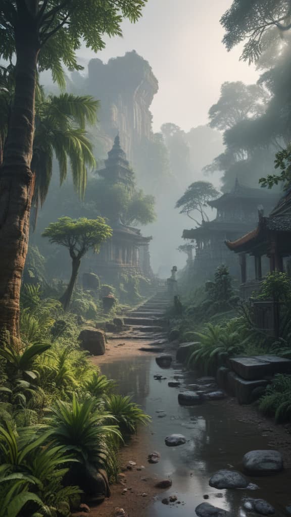 ((masterpiece)),(((best quality))), 8k, high detailed, ultra detailed, a prehistoric jungle, dinosaurs roaming, ancient temples, (dense foliage), (misty atmosphere) hyperrealistic, full body, detailed clothing, highly detailed, cinematic lighting, stunningly beautiful, intricate, sharp focus, f/1. 8, 85mm, (centered image composition), (professionally color graded), ((bright soft diffused light)), volumetric fog, trending on instagram, trending on tumblr, HDR 4K, 8K