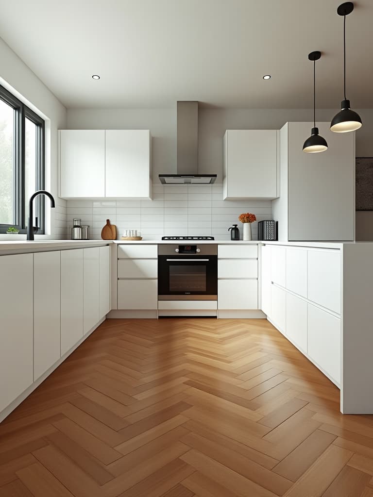  high quality portrait photo of a modern kitchen with sleek white cabinets and a stunning herringbone pattern wooden floor, shot from a low angle to emphasize the flooring design hyperrealistic, full body, detailed clothing, highly detailed, cinematic lighting, stunningly beautiful, intricate, sharp focus, f/1. 8, 85mm, (centered image composition), (professionally color graded), ((bright soft diffused light)), volumetric fog, trending on instagram, trending on tumblr, HDR 4K, 8K