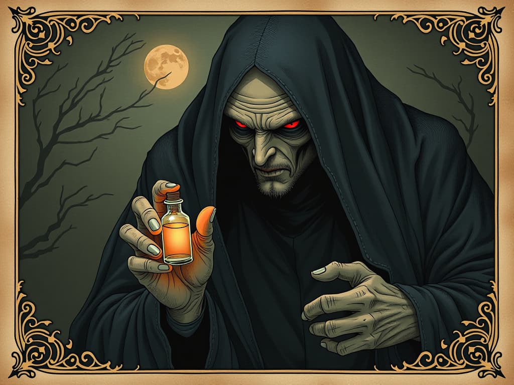  a sinister figure offering a small, glowing vial to another, hidden malice beneath a concerned expression, deceitful, poisonous, cunning. an illustration in the style of a worn, mystical old tarot trump card, mysterious and elements of surrealism. the colors are muted, somber and eerie, but with contrast bring out an occult and esoteric vibe.