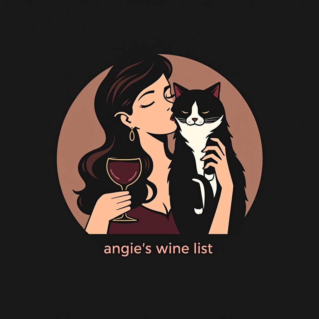  design a logo, woman with black and white cat and a wine glass , with the text 'angie’s wine list'.