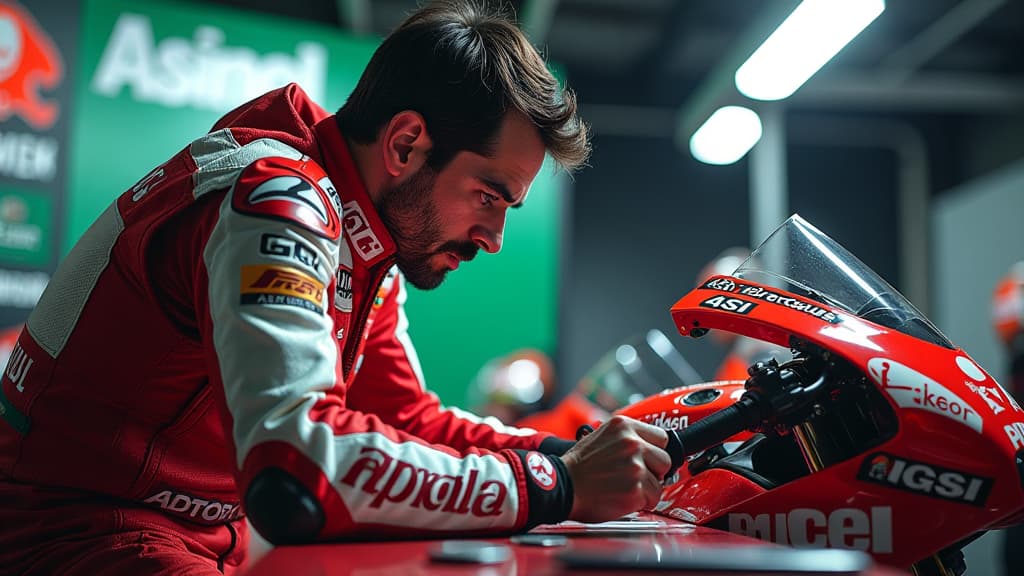  generate an image capturing raúl fernández's determination amidst challenges during the motogp test in misano. show him intensely focused on addressing issues with the rs gp, symbolizing the battle for aprilia's future. include elements like the aprilia logo, the rs gp bike, misano circuit backdrop, and trackhouse racing branding. depict a colorful, dramatic scene with light filled details showcasing fernández's resilience and dedication. utilize ultra realistic rendering to convey the emotio