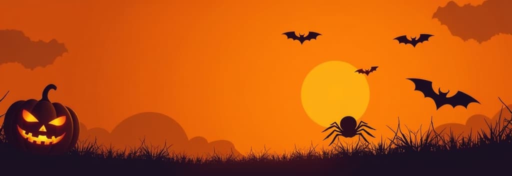  orange halloween banner with pumpkin spider and bats ar 3:1 {prompt}, maximum details