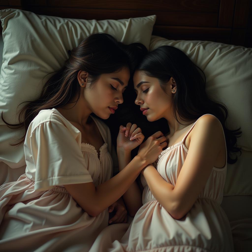  two indian 17 girls sleeping in smallest and thinnest in position hyperrealistic, full body, detailed clothing, highly detailed, cinematic lighting, stunningly beautiful, intricate, sharp focus, f/1. 8, 85mm, (centered image composition), (professionally color graded), ((bright soft diffused light)), volumetric fog, trending on instagram, trending on tumblr, HDR 4K, 8K