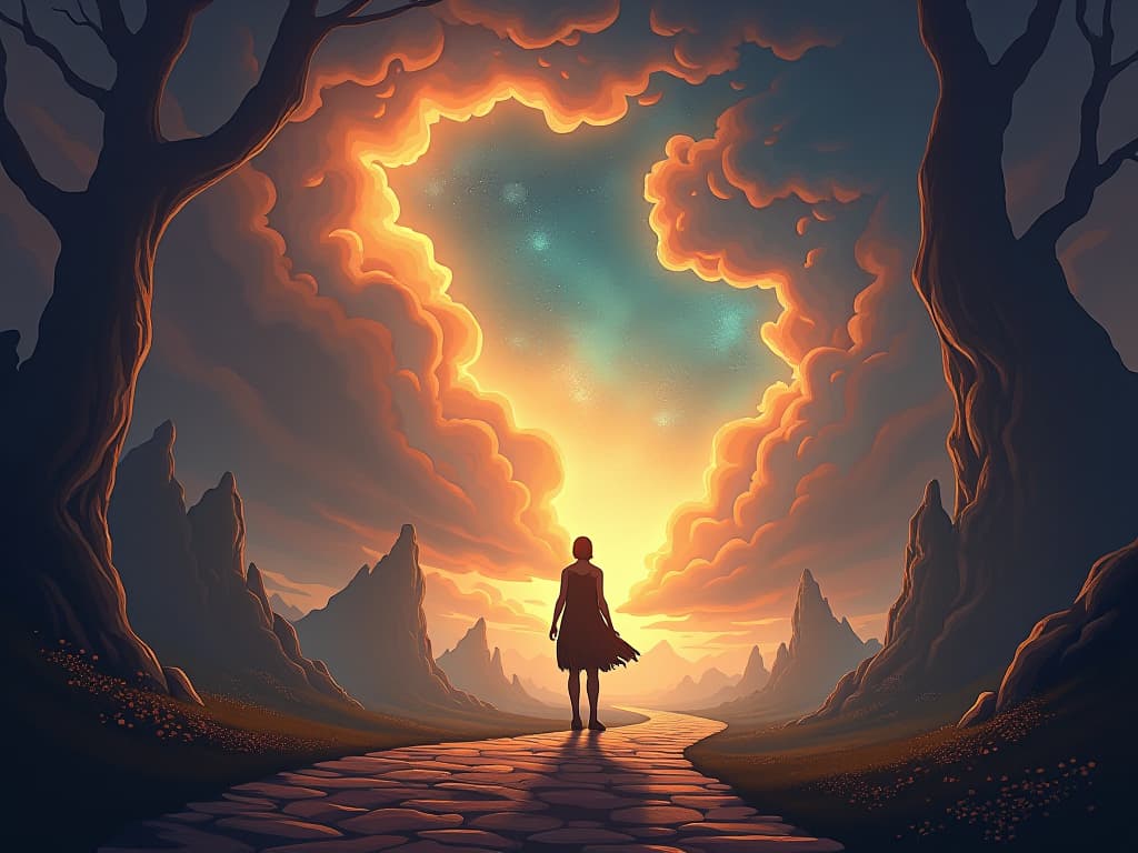  a mystical crossroads in a glowing, magical landscape, symbolizing a moment of decision. the mood is contemplative and pivotal.. the style is digital art illustration,highly detailed, whimsical,magical, dreamlike atmosphere, realism and fantasy blend, smooth, glossy textures,luminous quality, wonder and enchantment.