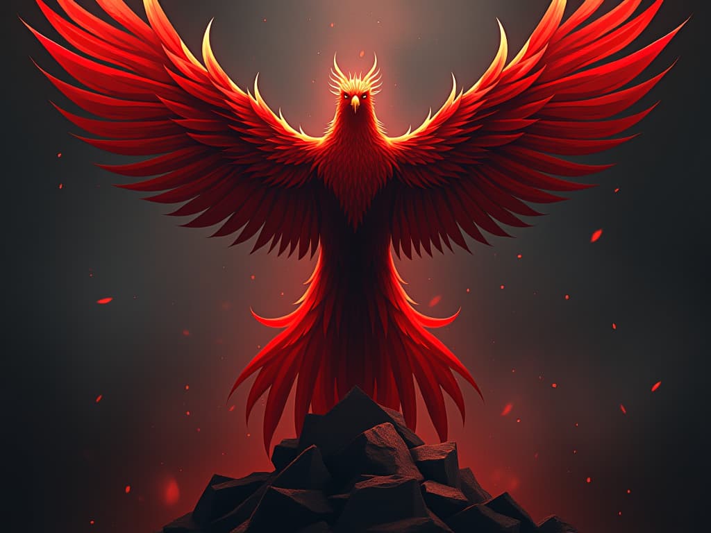  phoenix rising from ashes, red and gold feathers, sense of rebirth and renewal. the style is digital art illustration / modern comic book / graphic dark novel fantasy and mysterious occult, symbolic, moody lighting, esoteric vibe,high detail on character design. for the color scheme emphasize blacks and reds.