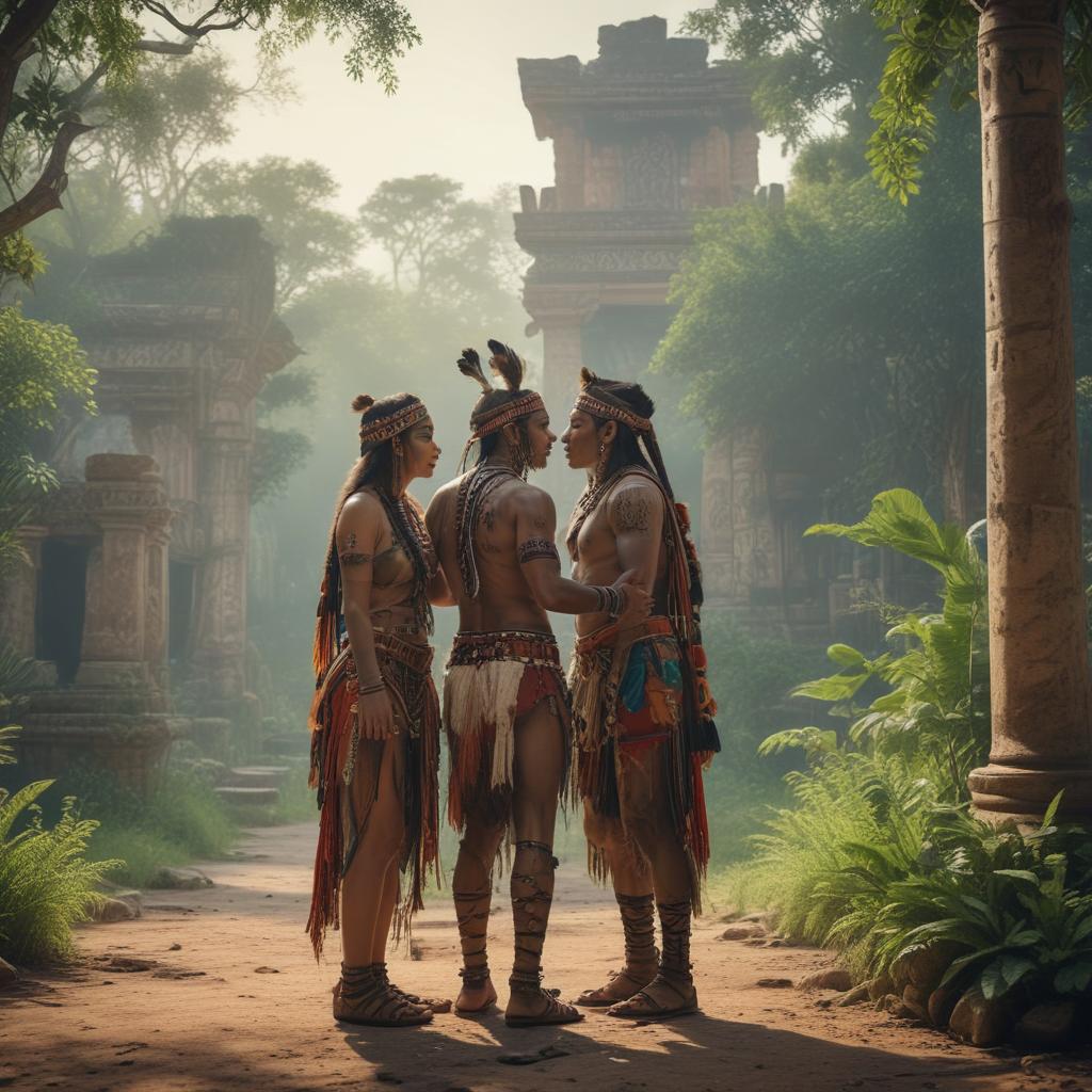 ((masterpiece)),(((best quality))), 8k, high detailed, ultra detailed, A tribe couple kiss in the face, tribal drums in the background, lush greenery all around, ancient ruins in the distance, sacred tribal symbols hyperrealistic, full body, detailed clothing, highly detailed, cinematic lighting, stunningly beautiful, intricate, sharp focus, f/1. 8, 85mm, (centered image composition), (professionally color graded), ((bright soft diffused light)), volumetric fog, trending on instagram, trending on tumblr, HDR 4K, 8K