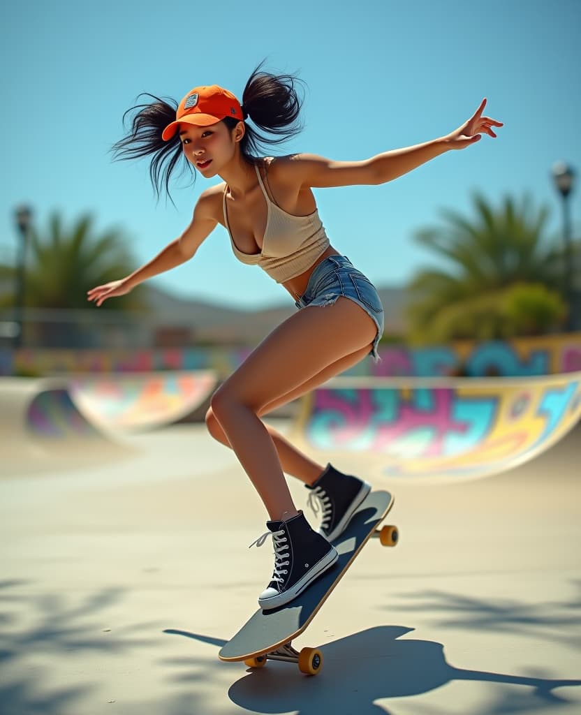  (masterpiece), (best quality), (ultra detailed), a 30 korean chinese woman with long hair styled into two neat ids. she is dressed in a low cut strapless age tank top and distressed hot shorts that highlight her athletic build. as she executes a smooth 360 flip on her skateboard, she is captured mid air, with her cap remaining firmly in place. the surrounding skate park is alive with vint graffiti, the colorful art on the concrete walls contrasting with the bright blue sky above. her black high top sneakers grip the board as she spins effortlessly, her expression focused and confident. the late afternoon sunlight casts dynamic shadows, emphasizing the fluidity of her movement and the urban energy of the scene., high budg