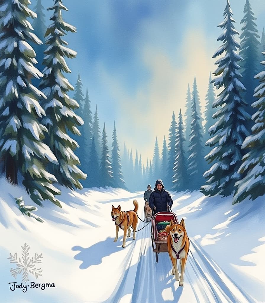  style of jody bergsma, (a frame of snowflakes:1.4). a watercolor landscape, depict a winter forest landscape, winter forest, snow, sleds pulled by dogs