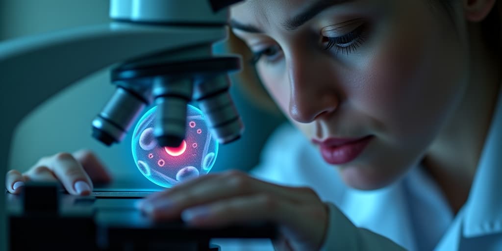  a close up image of a cell under a microscope, with its nucleus pulsing and chromosomes in disarray. dr. petrova, her face etched with concern, adjusts the microscope dials, her reflection visible in the lens. hyperrealistic, full body, detailed clothing, highly detailed, cinematic lighting, stunningly beautiful, intricate, sharp focus, f/1. 8, 85mm, (centered image composition), (professionally color graded), ((bright soft diffused light)), volumetric fog, trending on instagram, trending on tumblr, HDR 4K, 8K