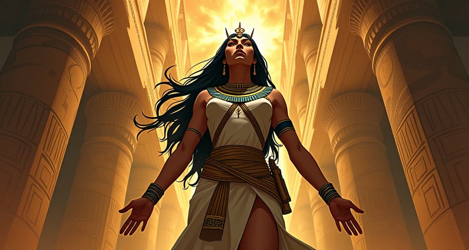  large busted female embodying resilience, string of successes depicted on the sacred walls. the style is digital art illustration / modern comic book / mysterious occult, symbolic, esoteric vibe,high detail on character design, incorporating ancient egyptian symbology and attire.