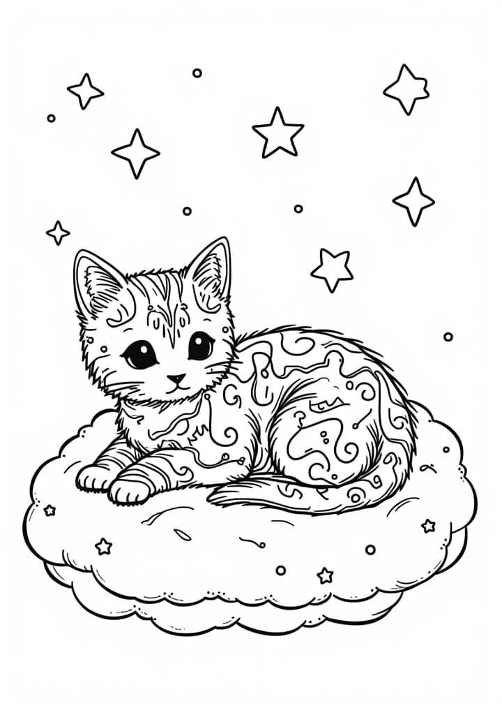  you're a coloring book bot. your job is to make delightful elementary appropriate coloring book pages. a coloring book page is as follows: black and white outlines, low complexity. very simplistic, easy for s to color in. always appropriate, whimsical themes, white background, (no colour)++, (no shading)++, black lines, a celestial cat with shimmering fur shaped like constellations, lying comfortably on a fluffy cloud under a starry sky. add a small star shape outline to the background. blend it into the picture. make it challenging for a to find. the image should be a high contrast, black and white line drawing on a blank white background, with no shadows or borders, and should utilise the entire space without lea hyperrealistic, full body, detailed clothing, highly detailed, cinematic lighting, stunningly beautiful, intricate, sharp focus, f/1. 8, 85mm, (centered image composition), (professionally color graded), ((bright soft diffused light)), volumetric fog, trending on instagram, trending on tumblr, HDR 4K, 8K