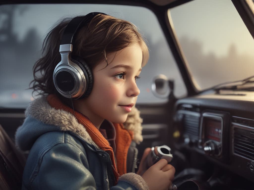 ultra realistic ((ultra realistic ((a child happily listening to music on the car radio)))) hyperrealistic, full body, detailed clothing, highly detailed, cinematic lighting, stunningly beautiful, intricate, sharp focus, f/1. 8, 85mm, (centered image composition), (professionally color graded), ((bright soft diffused light)), volumetric fog, trending on instagram, trending on tumblr, HDR 4K, 8K