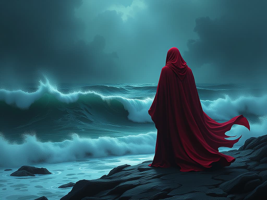  dark figure in red robes, standing before a stormy sea, waves crashing, atmosphere of confrontation and turmoil. the style is digital art illustration / modern comic book / graphic dark novel fantasy and mysterious occult, symbolic, moody lighting, esoteric vibe,high detail on character design. for the color scheme emphasize blacks and reds.