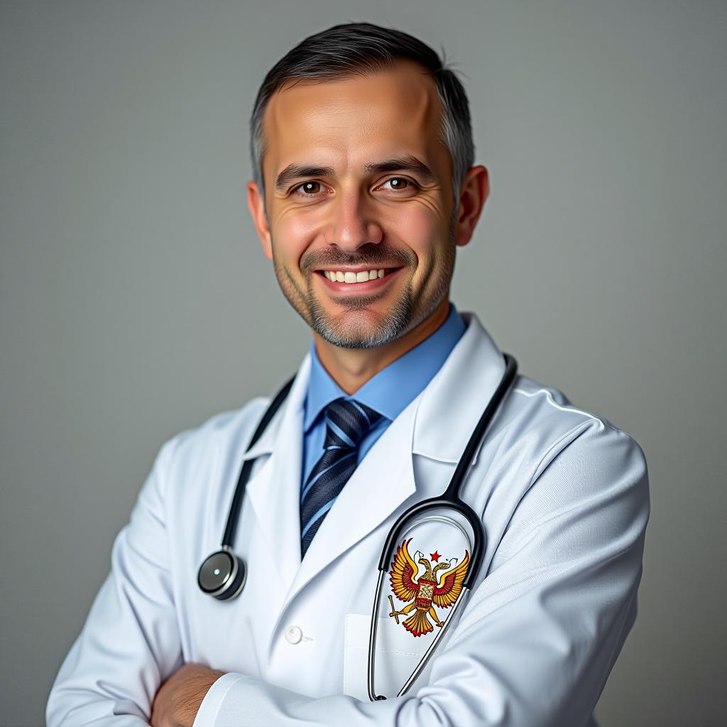  a doctor in a medical uniform with national caucasian patterns.