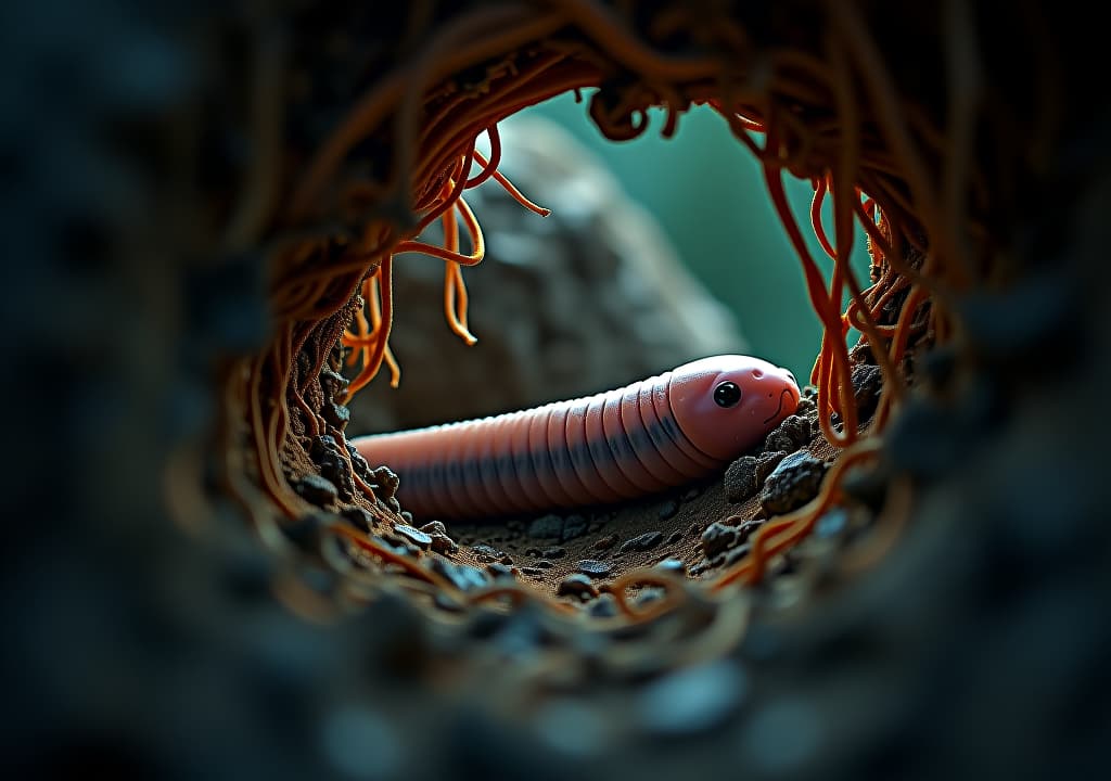  a close up of a worm's underground tunnel network, with roots and soil particles illuminated by soft, ethereal light, revealing intricate patterns and textures, set against a dark, mysterious background. hyperrealistic, full body, detailed clothing, highly detailed, cinematic lighting, stunningly beautiful, intricate, sharp focus, f/1. 8, 85mm, (centered image composition), (professionally color graded), ((bright soft diffused light)), volumetric fog, trending on instagram, trending on tumblr, HDR 4K, 8K