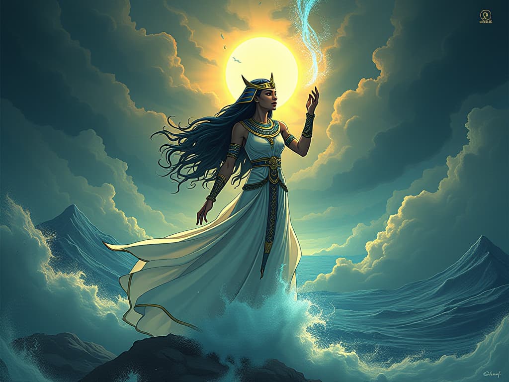  an ethereal being transforming a chaotic storm into serene calm with a mere touch, symbolizing divine transformation. the style is digital art illustration / modern comic book / mysterious occult, symbolic, esoteric vibe,high detail on character design, incorporating ancient egyptian symbology and attire.