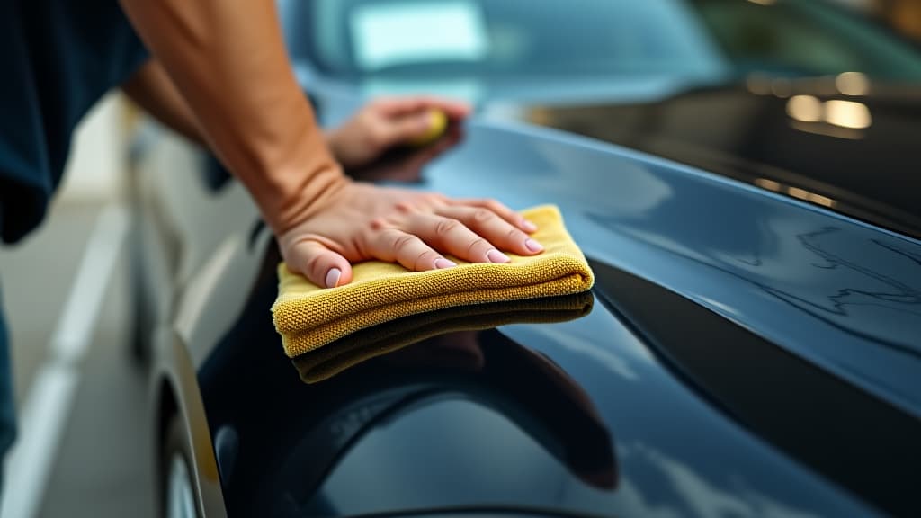  a man cleaning black car with microfiber cloth, car detailing (or valeting) concept. selective focus. 