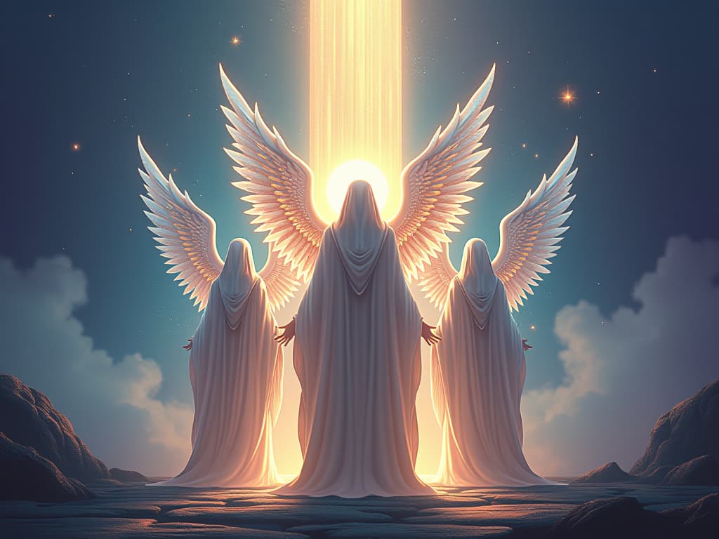  graceful guardian spirits, glowing robes, ethereal aura, standing before a chromatic, crystalline gateway, sparkling light patterns, vigilant presence. the style is digital art illustration,highly detailed, whimsical,magical, dreamlike atmosphere, realism and fantasy blend, smooth, glossy textures,luminous quality, wonder and enchantment.