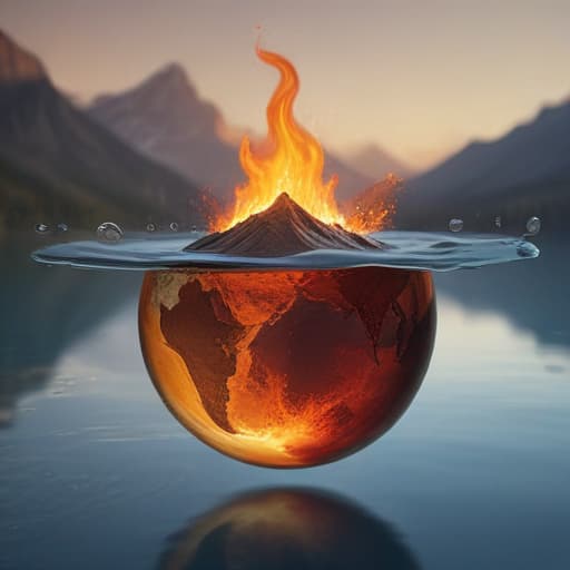 An image of a chunk of earth on fire within a water droplet floating around in the air in Mythological style with Mountains background