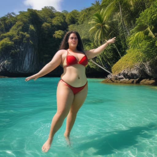 Generate a fat woman in bikini swiming in beautiful Islands