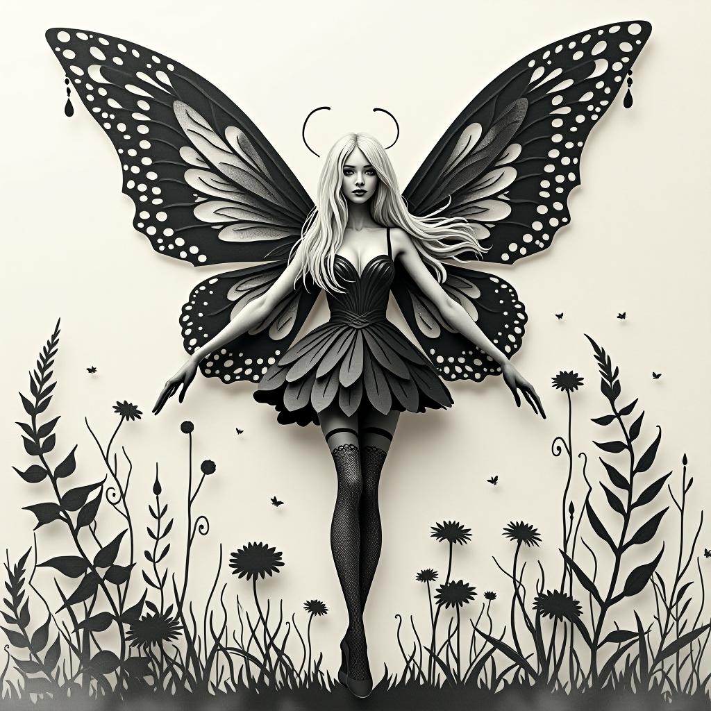  papercut collage of black and white vector sketch is a beautiful and spicy fairy . wings and quality ery, the fairy's in full height in the and model potion in the plague, shoes in very high beds, in a short dress with very long light hair . mixed media, textured paper, overping, asymmetrical, abstract, vint hyperrealistic, full body, detailed clothing, highly detailed, cinematic lighting, stunningly beautiful, intricate, sharp focus, f/1. 8, 85mm, (centered image composition), (professionally color graded), ((bright soft diffused light)), volumetric fog, trending on instagram, trending on tumblr, HDR 4K, 8K