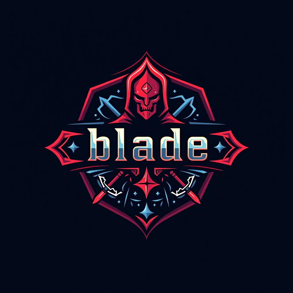  design a logo, logo emblème, avec le texte écrit ‘blade’, thème samouraï, rouge et bleu.