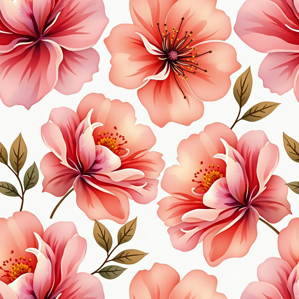  create a seamless digital design featuring a pattern of large, beautiful flowers with soft, watercolor like effects. the flowers should cover the entire surface, creating a bold, elegant, and continuous look. the overall style should be light and airy, with delicate leaves and petals to enhance the natural, floral theme. the design should be seamless to ensure it can be used in repeating patterns or wraps.