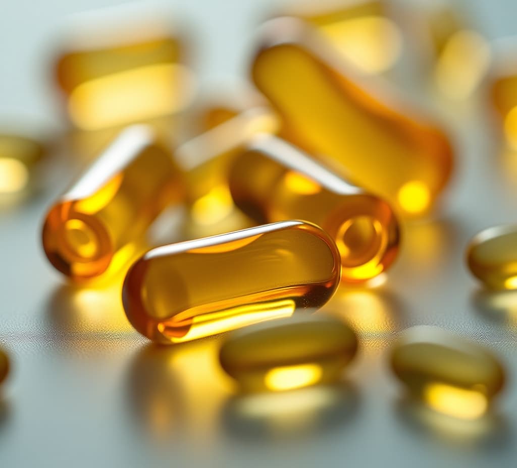  detailed view of omega 3 capsules with fish oil, immune system support, bright background