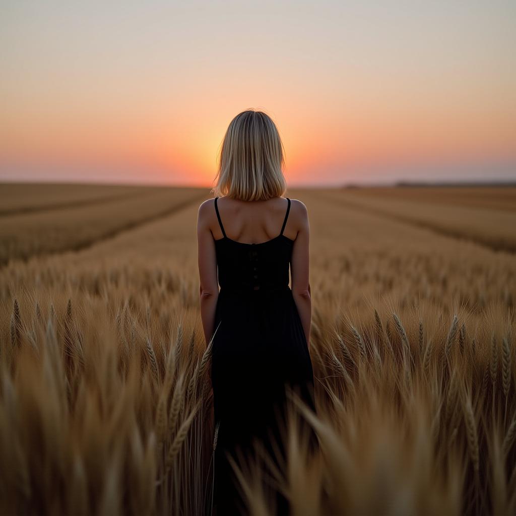  a blonde girl with shoulder length hair stands in a wheat field, facing away from the camera, wearing a long black dress against the backdrop of a sunset.