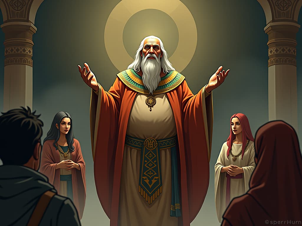  a wise, elderly sage with a large bust in flowing robes, standing before a group of attentive listeners, recounting tales with an aura of inspiration. the style is digital art illustration / modern comic book / mysterious occult, symbolic, esoteric vibe,high detail on character design, incorporating ancient egyptian symbology and attire.