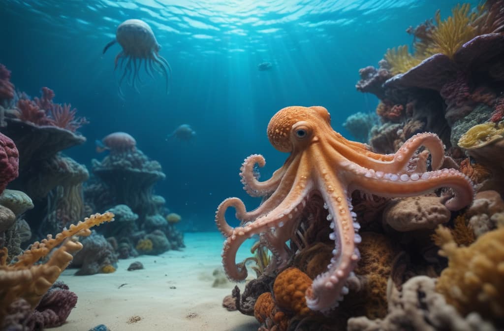 ocean world with octopuses --ar 3:2 high quality, detailed intricate insanely detailed, flattering light, RAW photo, photography, photorealistic, ultra detailed, depth of field, 8k resolution , detailed background, f1.4, sharpened focus