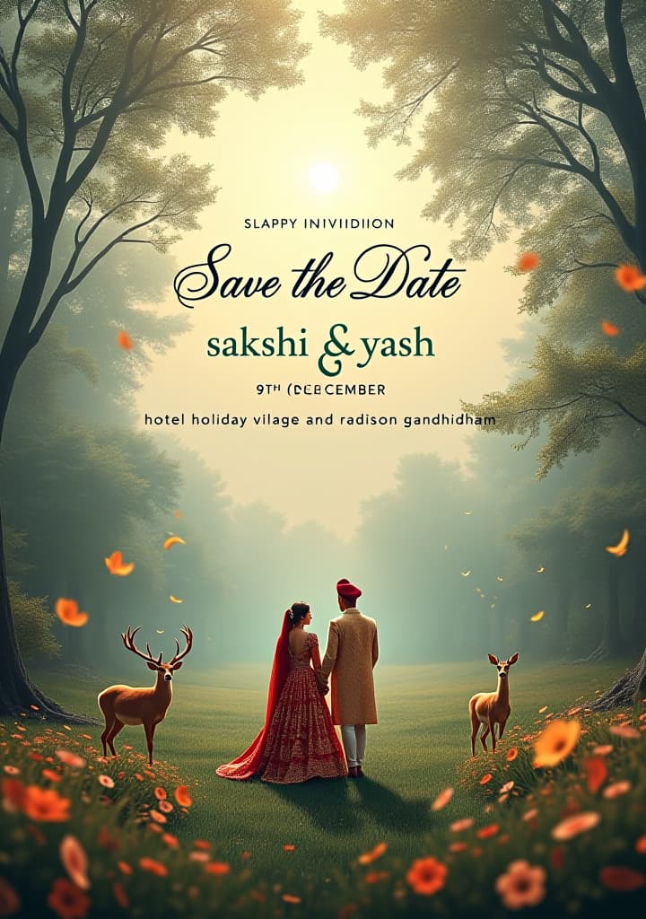  design a traditional and artistic 'save the date' wedding invitation with the following elements: theme: use a nature inspired, artistic theme with an emphasis on indian wildlife and a serene landscape. top section: headline: 'save the date' in elegant, cursive font, placed at the top center in a gold or bronze color. names: below the headline, display the names 'sakshi & yash' in a large, flowing script font in teal or deep blue, adding a romantic and personalized touch. date section: date: '8 9th december' in a classic serif font in a warm brown color, centered below the names. venue: below the date, include the venue details: 'hotel holiday village and radison gandhidham' in the same serif font and color, ensuring it is easily read hyperrealistic, full body, detailed clothing, highly detailed, cinematic lighting, stunningly beautiful, intricate, sharp focus, f/1. 8, 85mm, (centered image composition), (professionally color graded), ((bright soft diffused light)), volumetric fog, trending on instagram, trending on tumblr, HDR 4K, 8K