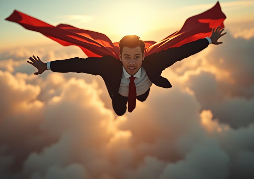  business person look like superhero flying on sky.strong and confidence concepts.vision of leadership ideas, high quality, high details, hd, perfect composition, 4k epic detailed, highly detailed, sharp focus, high resolution