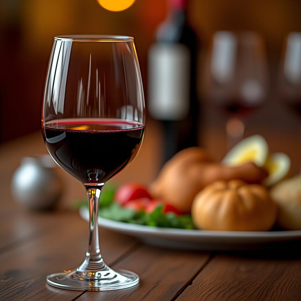  an exquisite glass of red wine against the backdrop of dinner.