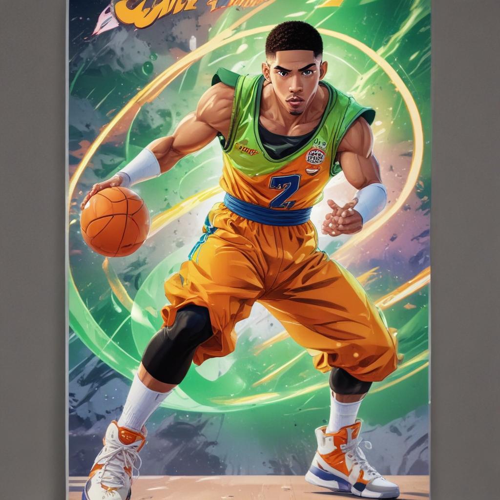 distance-shot, flashy, full-body, dynamic, holographic, animated cartoon poster of jayson tatum in the style of dragon ball super