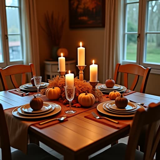  create a cozy fall themed dining room with a rustic wooden table adorned with pumpkins, candles, and autumn foliage scattered about.