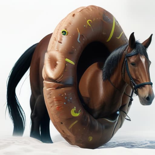 a horse is stuck in a swim inflatable ring hyperrealistic, full body, detailed clothing, highly detailed, cinematic lighting, stunningly beautiful, intricate, sharp focus, f/1. 8, 85mm, (centered image composition), (professionally color graded), ((bright soft diffused light)), volumetric fog, trending on instagram, trending on tumblr, HDR 4K, 8K