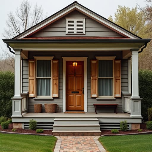  a vintage house with a rustic exterior featuring a charming front porch, wooden shutters, and a welcoming vintage style front door.