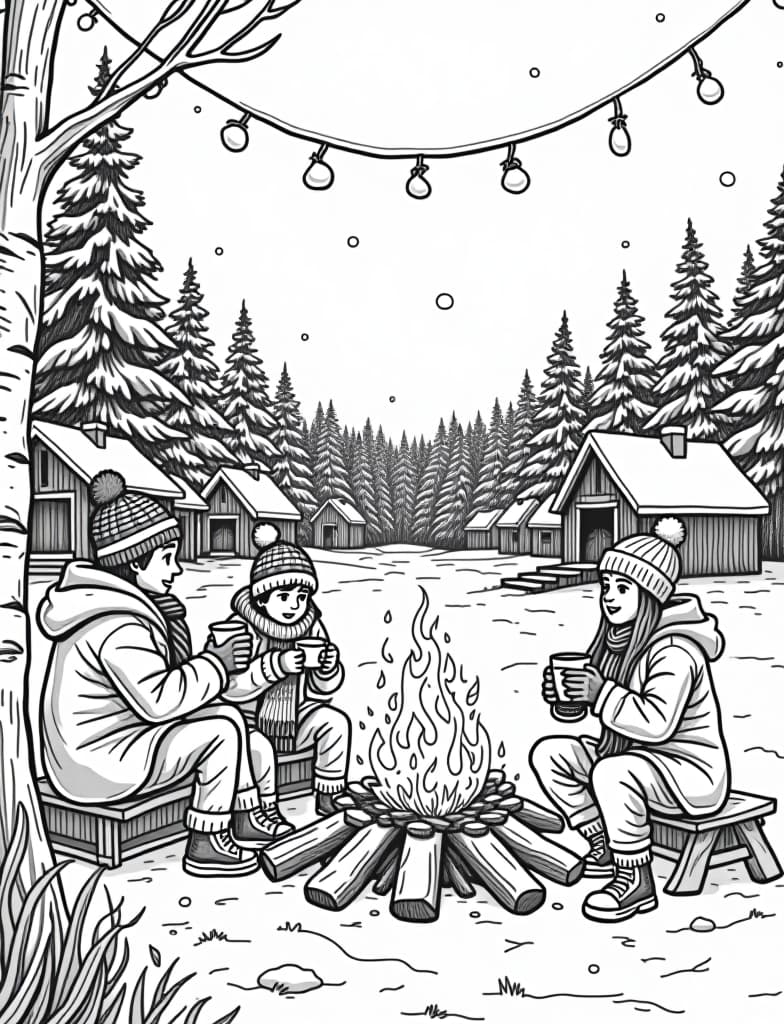  this is for an adult coloring page. a detailed black and white line art of a snowy winter festival with people drinking hot cocoa by a bonfire on a solid white background.