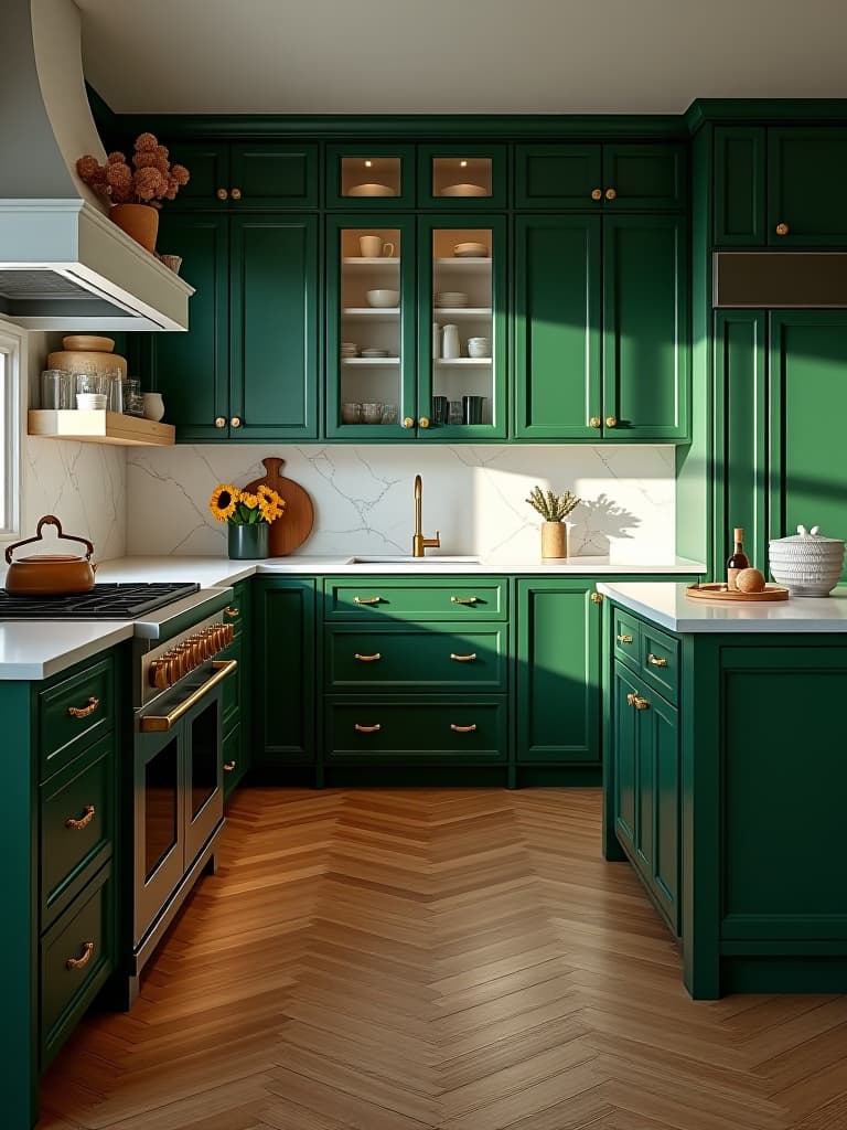  high quality portrait photo of an elegant kitchen with deep emerald green cabinets, gold hardware, white marble countertops, and a herringbone wood floor, captured in warm evening light hyperrealistic, full body, detailed clothing, highly detailed, cinematic lighting, stunningly beautiful, intricate, sharp focus, f/1. 8, 85mm, (centered image composition), (professionally color graded), ((bright soft diffused light)), volumetric fog, trending on instagram, trending on tumblr, HDR 4K, 8K