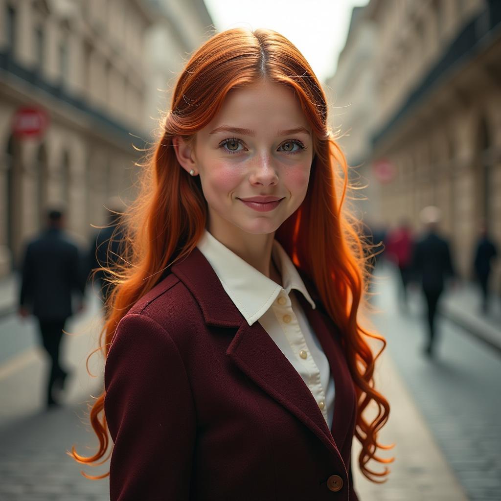  a girl with long red hair and brown eyes in a classic style stands and smiles in a beautiful city. hyperrealistic, full body, detailed clothing, highly detailed, cinematic lighting, stunningly beautiful, intricate, sharp focus, f/1. 8, 85mm, (centered image composition), (professionally color graded), ((bright soft diffused light)), volumetric fog, trending on instagram, trending on tumblr, HDR 4K, 8K