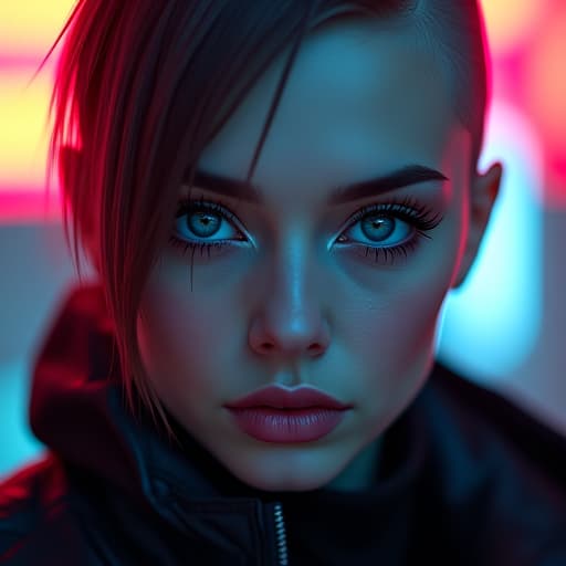  ultra realistic close up portrait ((beautiful pale cyberpunk female with heavy black eyeliner)), blue eyes, shaved side haircut, hyper detail, cinematic lighting, magic neon, dark red city, canon eos r3, nikon, f/1.4, iso 200, 1/160s, 8k, raw, unedited, symmetrical balance, in frame, 8k hyperrealistic, full body, detailed clothing, highly detailed, cinematic lighting, stunningly beautiful, intricate, sharp focus, f/1. 8, 85mm, (centered image composition), (professionally color graded), ((bright soft diffused light)), volumetric fog, trending on instagram, trending on tumblr, HDR 4K, 8K