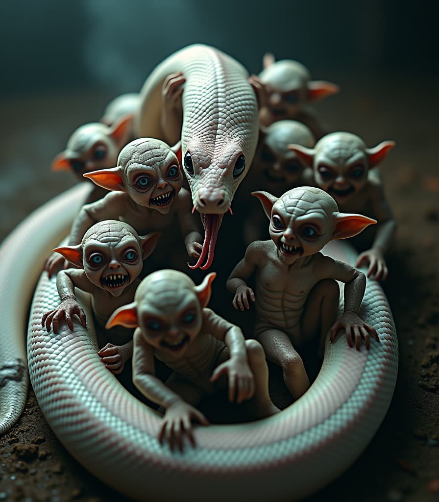  horror themed disgusting, dirty goblins crowded around the body of a large and long graceful white pink snake. the goblins scratch and bite the snake's tender body. the snake wriggles in coils. the goblins cling to the coils of the snake's body. . eerie, unsettling, dark, spooky, suspenseful, grim, highly detailed hyperrealistic, full body, detailed clothing, highly detailed, cinematic lighting, stunningly beautiful, intricate, sharp focus, f/1. 8, 85mm, (centered image composition), (professionally color graded), ((bright soft diffused light)), volumetric fog, trending on instagram, trending on tumblr, HDR 4K, 8K