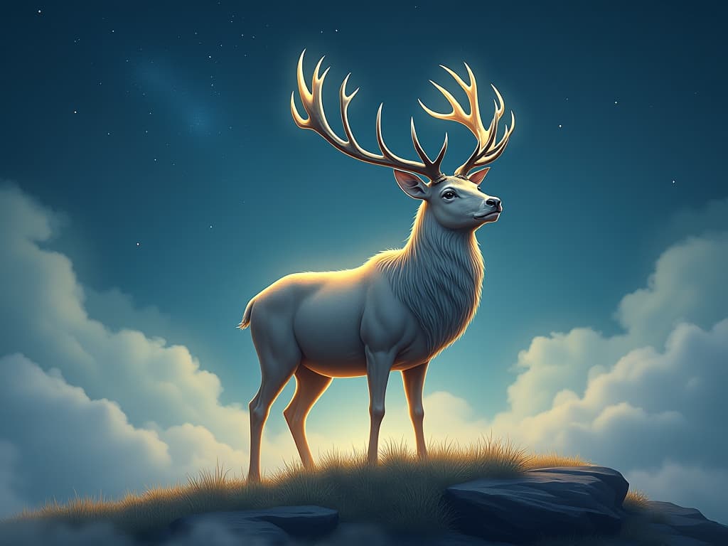  a majestic stag with silver antlers, standing on a luminous hillside, ethereal glow, rising mist, stars twinkling above. the style is digital art illustration,highly detailed, whimsical,magical, dreamlike atmosphere, realism and fantasy blend, smooth, glossy textures,luminous quality, wonder and enchantment.