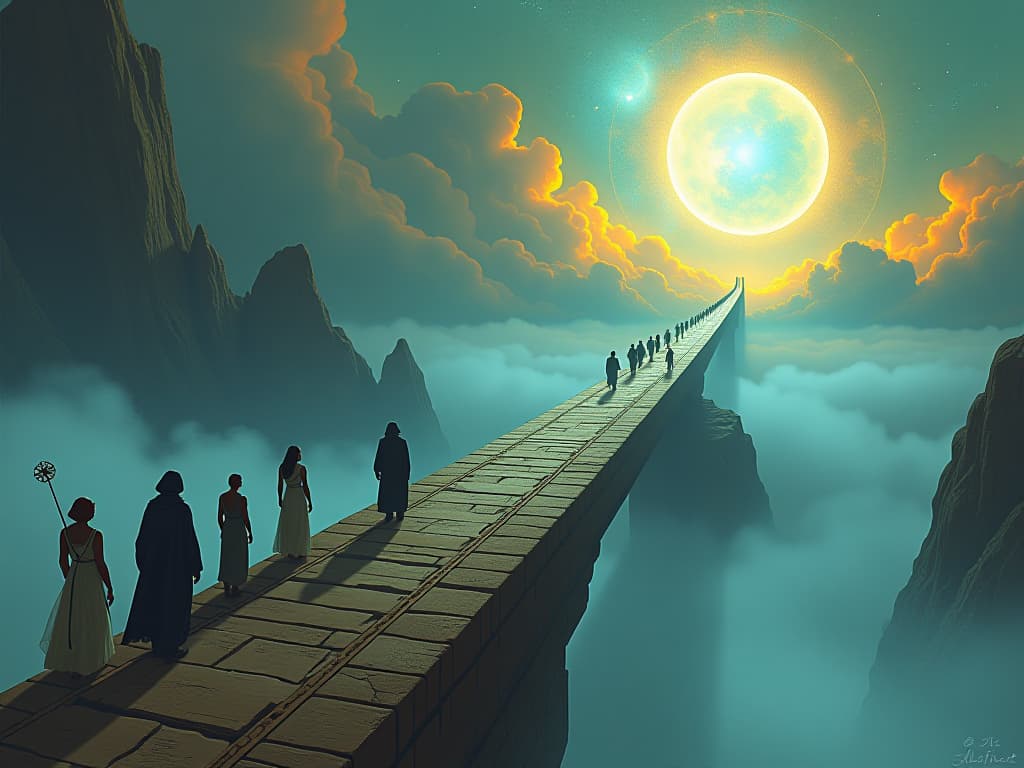  a celestial bridge stretching through ethereal mists, figures from various eras walking along, urashima taro among them, atmosphere of transcending time’s flow, boundless exploration.. the style is digital art illustration / modern comic book / mysterious occult, symbolic, esoteric vibe,high detail on character design, incorporating ancient egyptian symbology and attire.