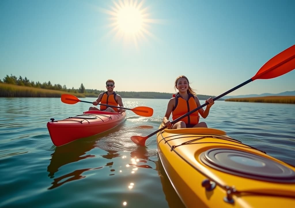  happy people spending summer time kayaking fishing boating hobby water sports,