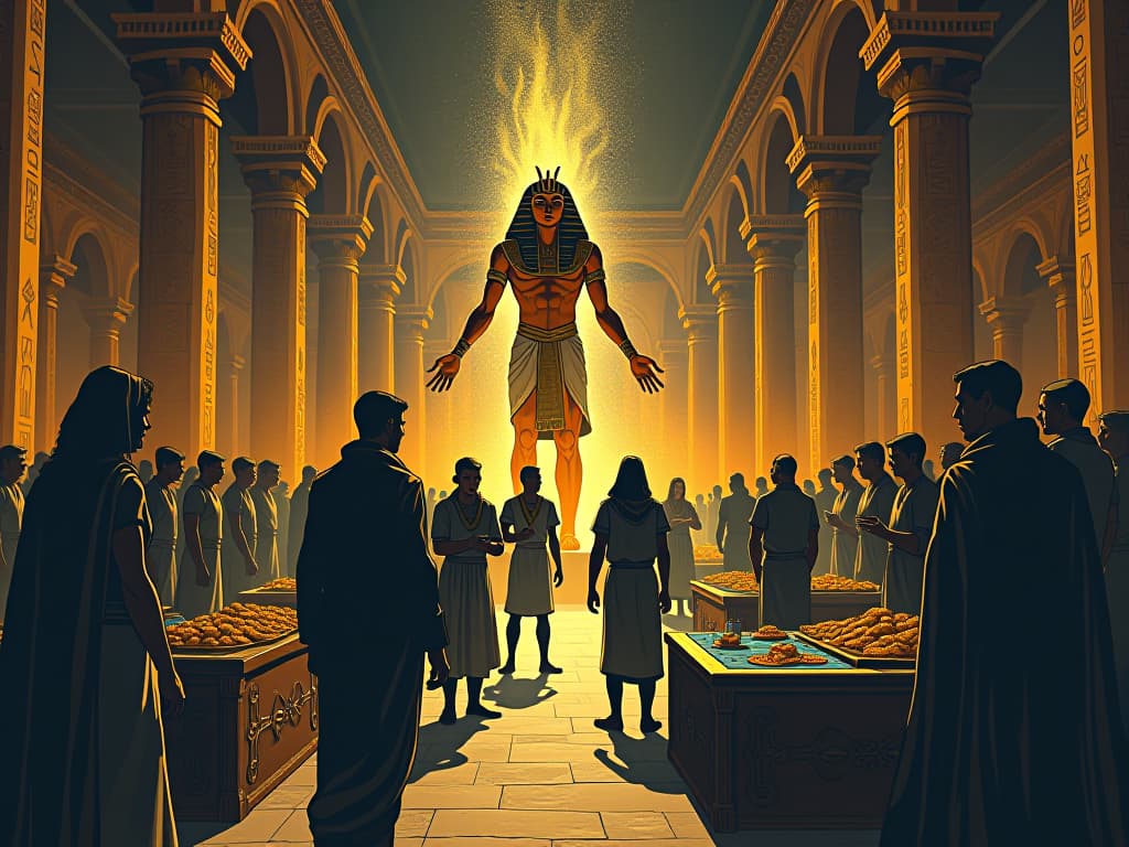  marketplace with hieroglyphic signs changing positions, merchants arguing, symbolizing ever changing rules. the style is digital art illustration / modern comic book / mysterious occult, symbolic, esoteric vibe,high detail on character design, incorporating ancient egyptian symbology and attire.