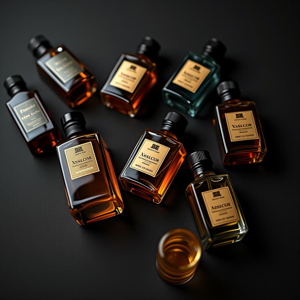  a lot of selective perfumes from the "attar collection" are lying on a dark background.