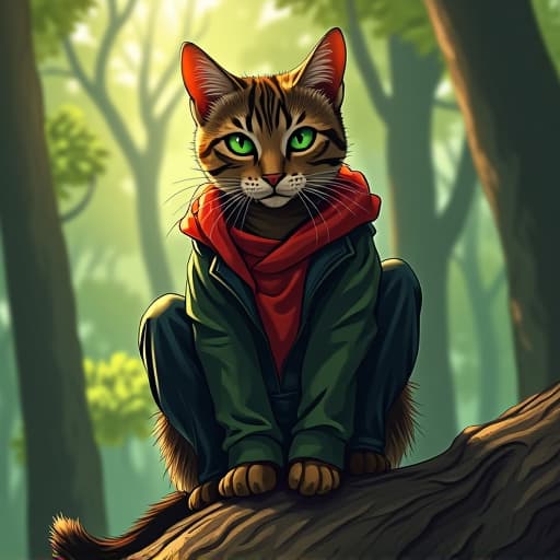  in a vibrant, lush forest setting, hemule, the rebellious tabby cat with striking green eyes, exudes charisma while sitting on a tall oak tree. his immaculate style blends with the comic book like quality of the scene, capturing his edgy vibe and tough persona. hyperrealistic, full body, detailed clothing, highly detailed, cinematic lighting, stunningly beautiful, intricate, sharp focus, f/1. 8, 85mm, (centered image composition), (professionally color graded), ((bright soft diffused light)), volumetric fog, trending on instagram, trending on tumblr, HDR 4K, 8K